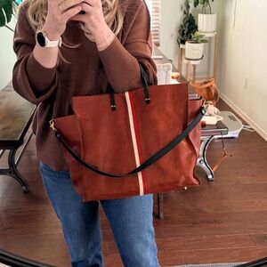 Clare V Brown Leather Tote with Red and White Stripe